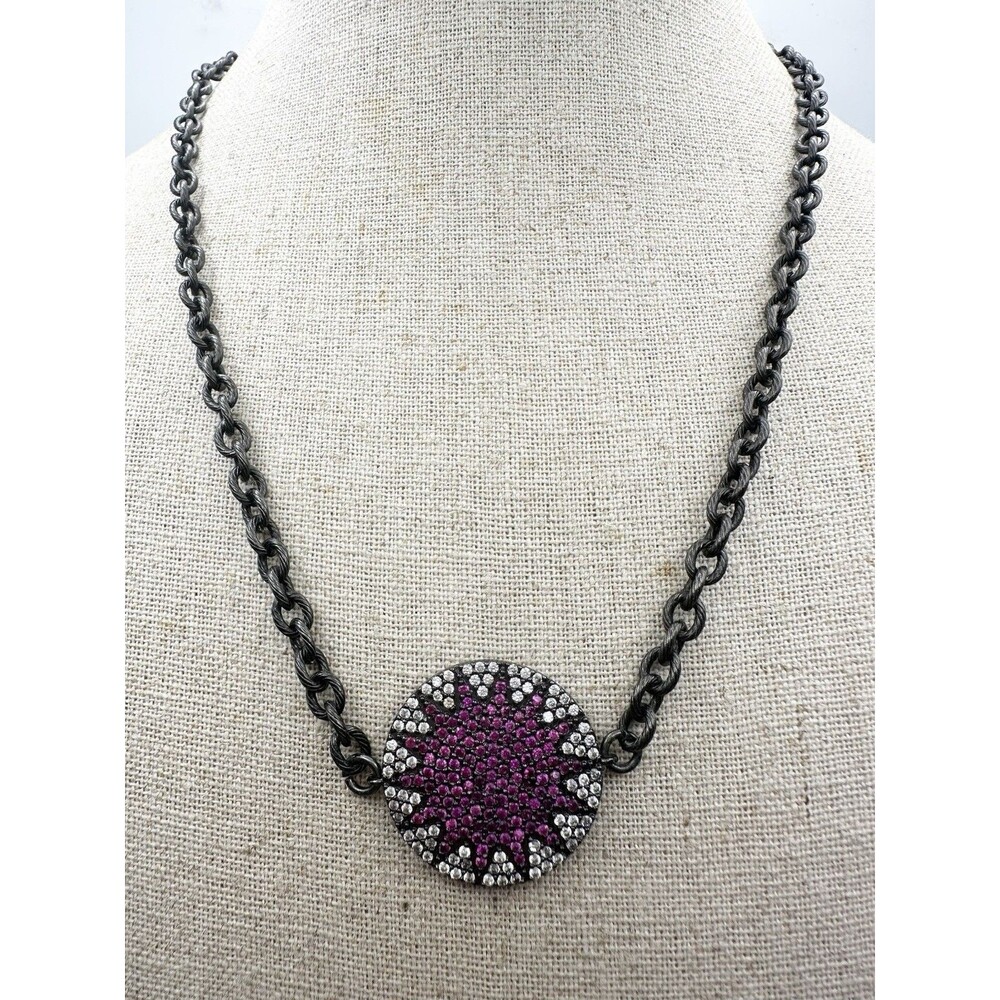 Gunmetal Color Paved Pink Topaz CZ Necklace 19”